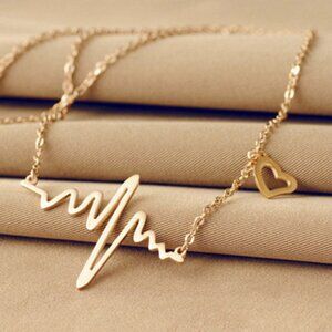 Gold Heartbeat ECG, EKG with Heart Charm Necklace, Gift for Nurse, Doctor‎